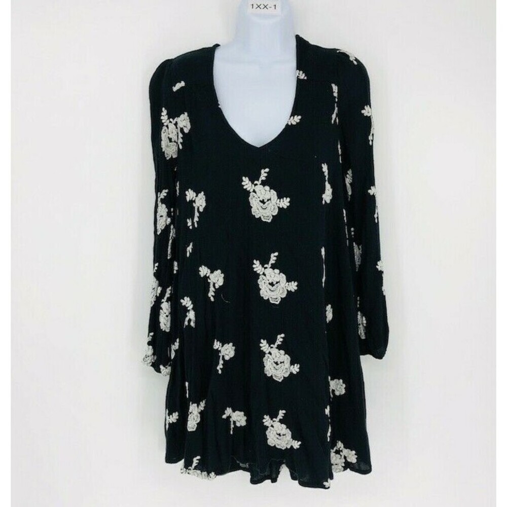 Free People Womens Black 100% Cotton Long Sleeve V-Neck Floral Midi Dress Size M